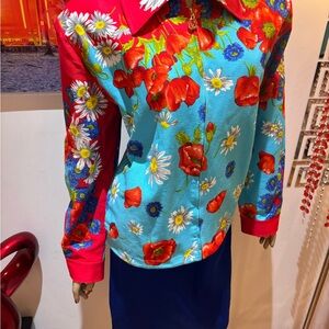 St. John Royal Blue Red  Floral skirt suit jacket 12 spring set career poppy